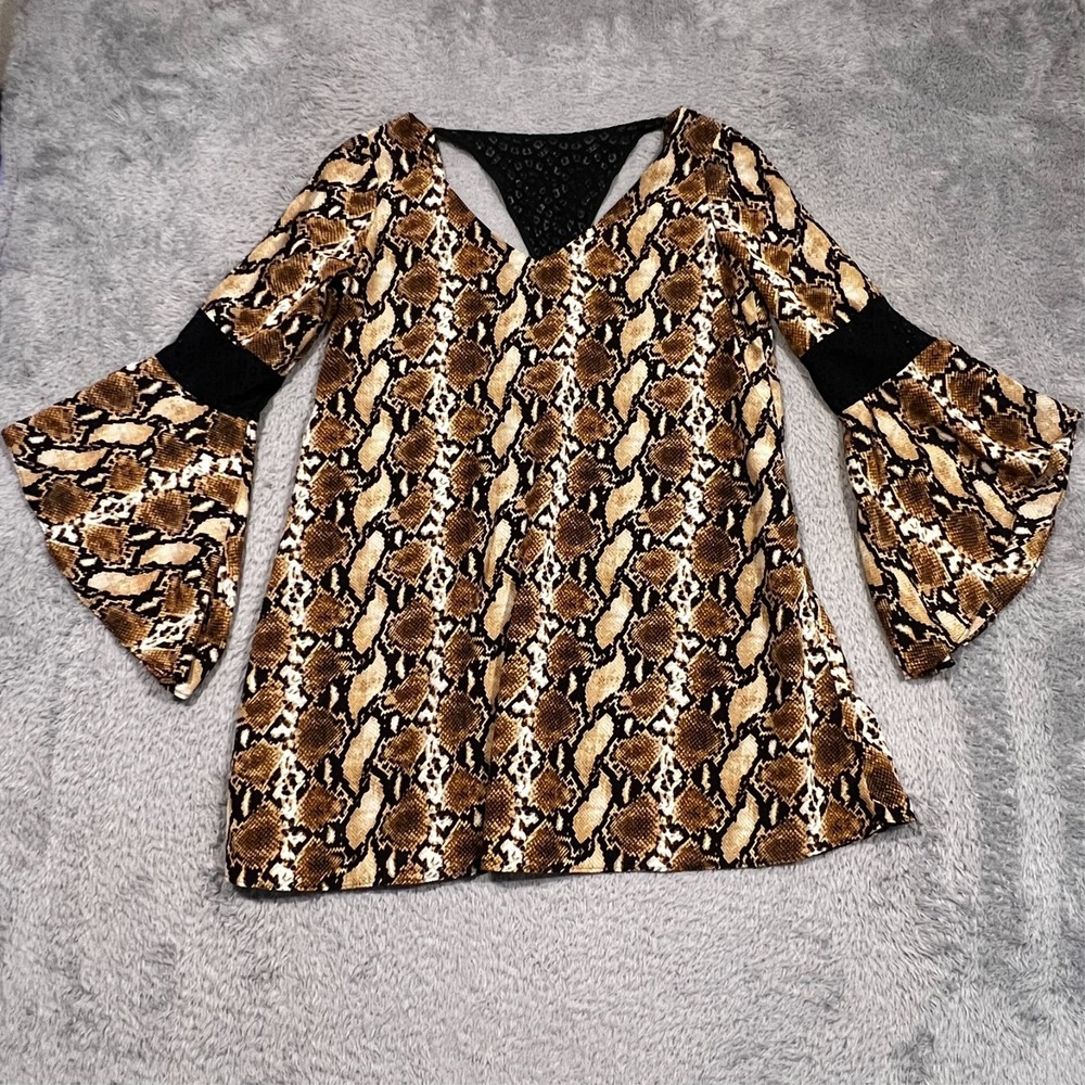Judith March Mini Dress Snakeskin Bell Sleeve Laceโ Back Brown Tan Womens Medium